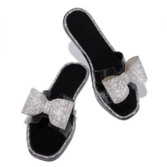 Shoes - Embellished Bow Jelly Sandals in Black